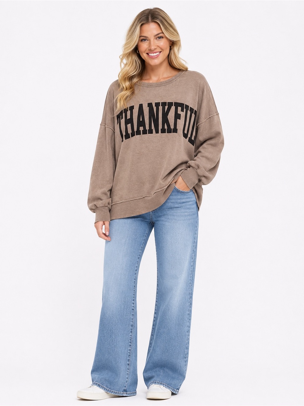 Peach Love California Size Large Thankful Graphic Crewneck Sweater - Taupe
